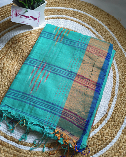 Pure Cotton Handloom Saree with Ikkat Design -Aqua Blue