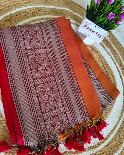 Khadi Tissue Handloom Saree with Thread Woven Border - Orange with Red