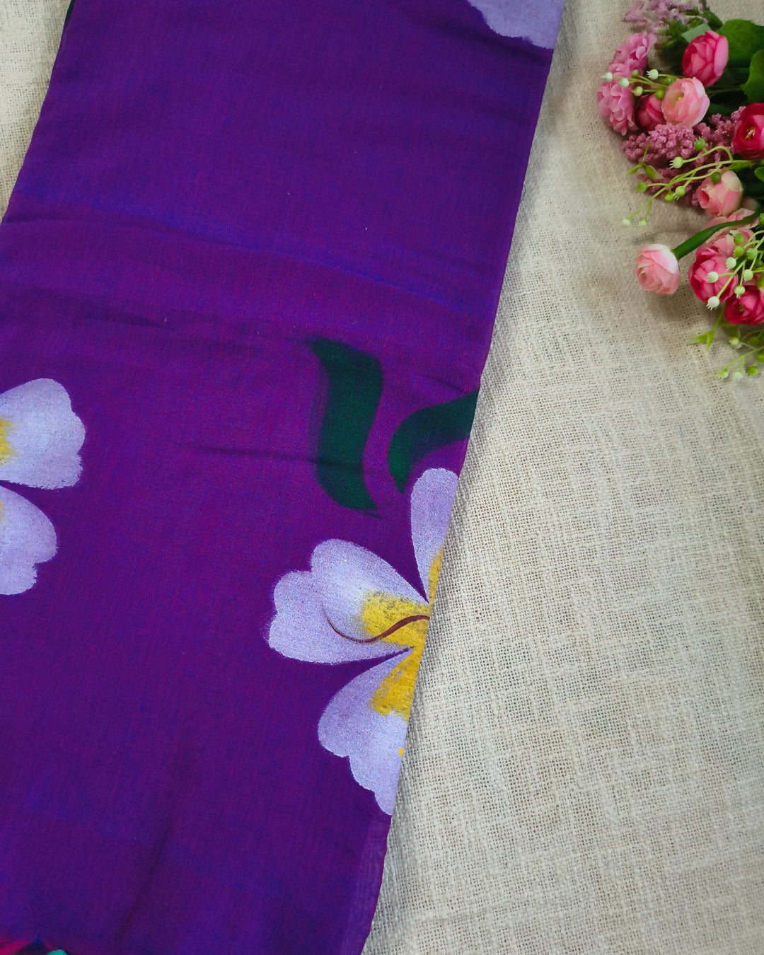 Soft Cotton Handloom Saree with Hand-Painted Floral Design - Dark Purple