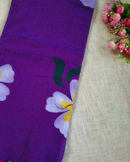 Soft Cotton Handloom Saree with Hand-Painted Floral Design - Dark Purple