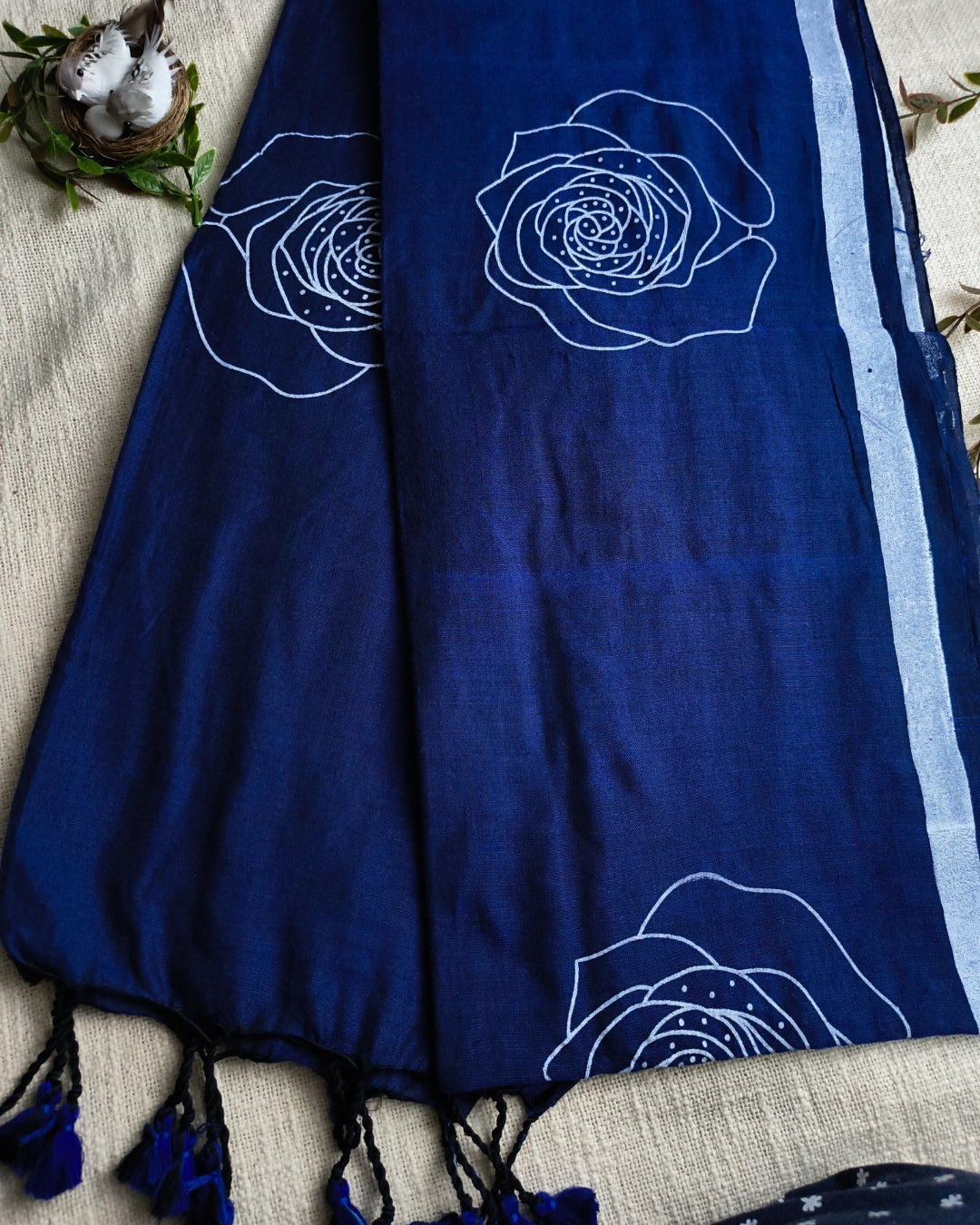 Khadi Cotton Handloom Saree with Printed Floral Design - Navy Blue