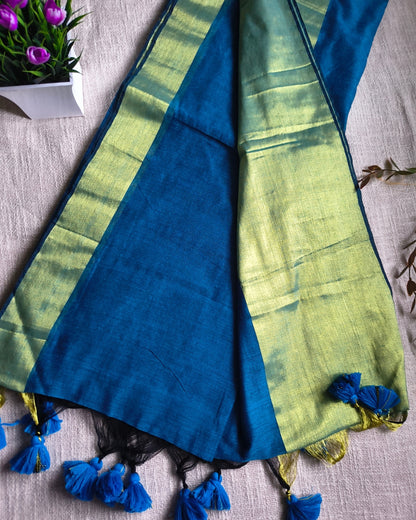 Pure Cottom Handloom Saree with Golden Border - Blue
