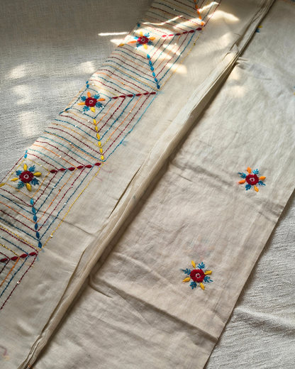 Chanderi silk cotton with kantha stitch floral design - Blue MammaHug