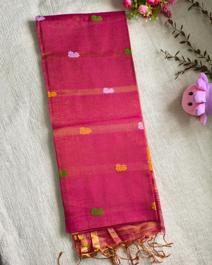 Handloom Tissue Linen with Jamdhani Weaving Buttas - Crimson