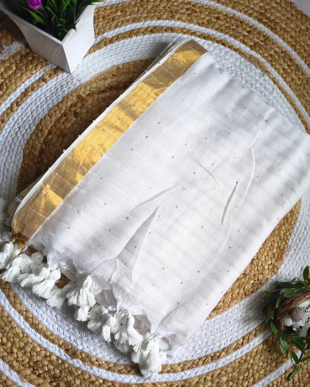 Handloom Mul Cotton Saree with Golden Stripes, Border and Sequence in Pallu - White