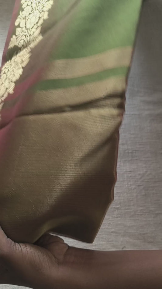Maheshwari Silk Cotton Saree with Golden Floral Border – Olive Moss Green
