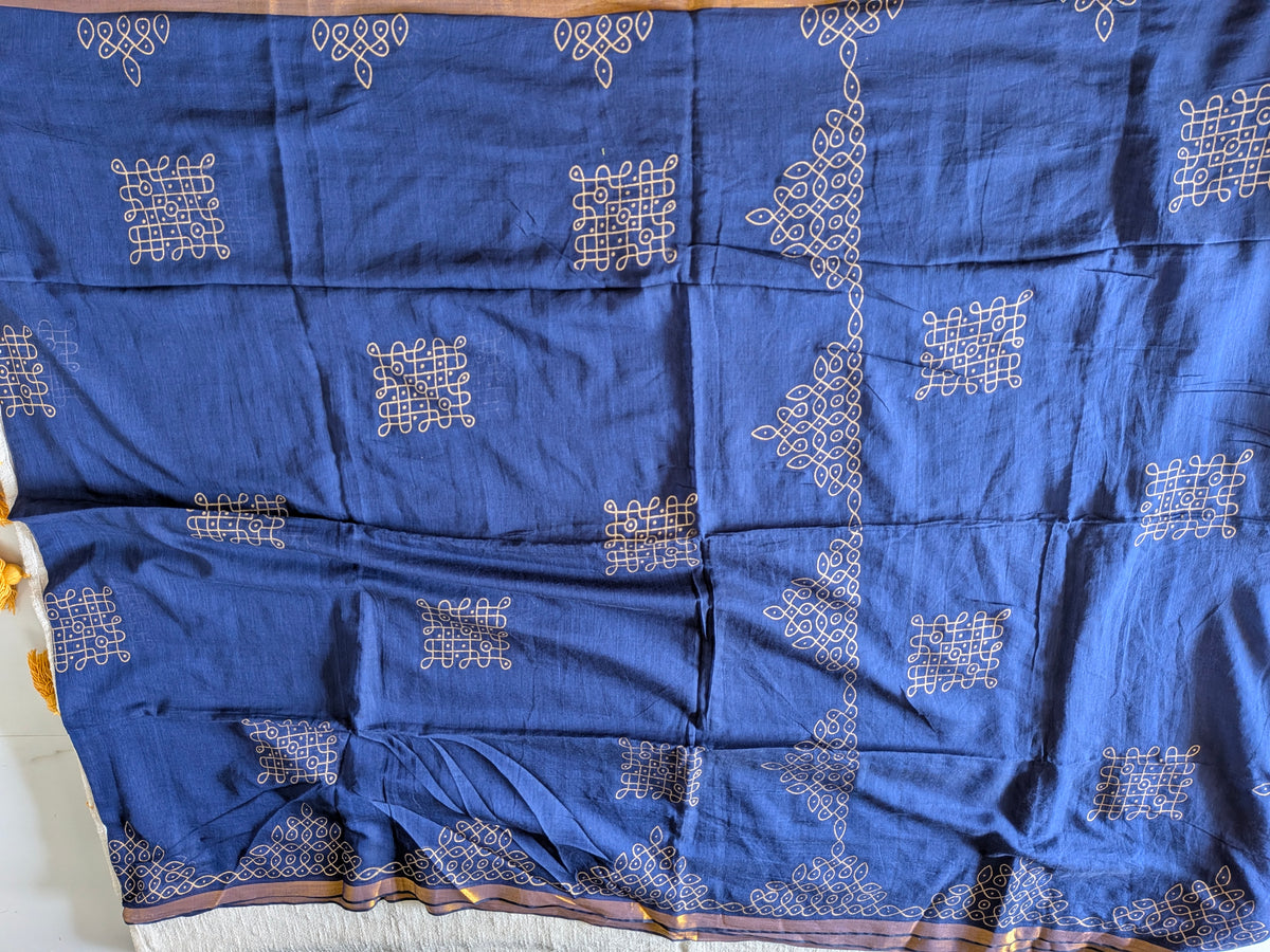 Traditional Kolam print on Mul cotton with tassels - Navy Blue MammaHug
