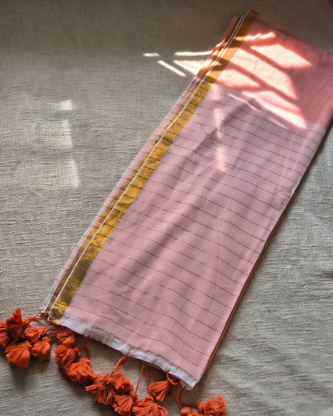 Mul Cotton Handloom Saree with Zari border, Contrast Pallu with zari woven stripes - Peach MammaHug