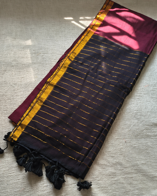 Mul Cottom Handloom Saree with Zari border, Contrast Pallu with zari woven stripes - Black and Maroon