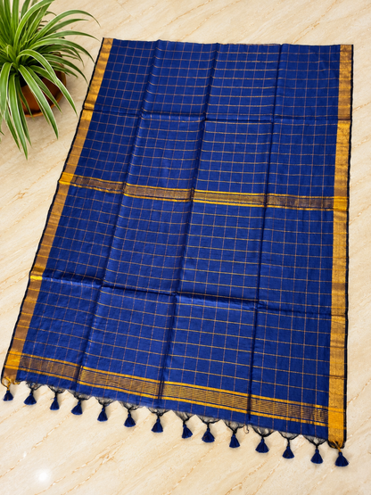 Traditional Big Checks Mul cotton with tassels - Navy Blue MammaHug
