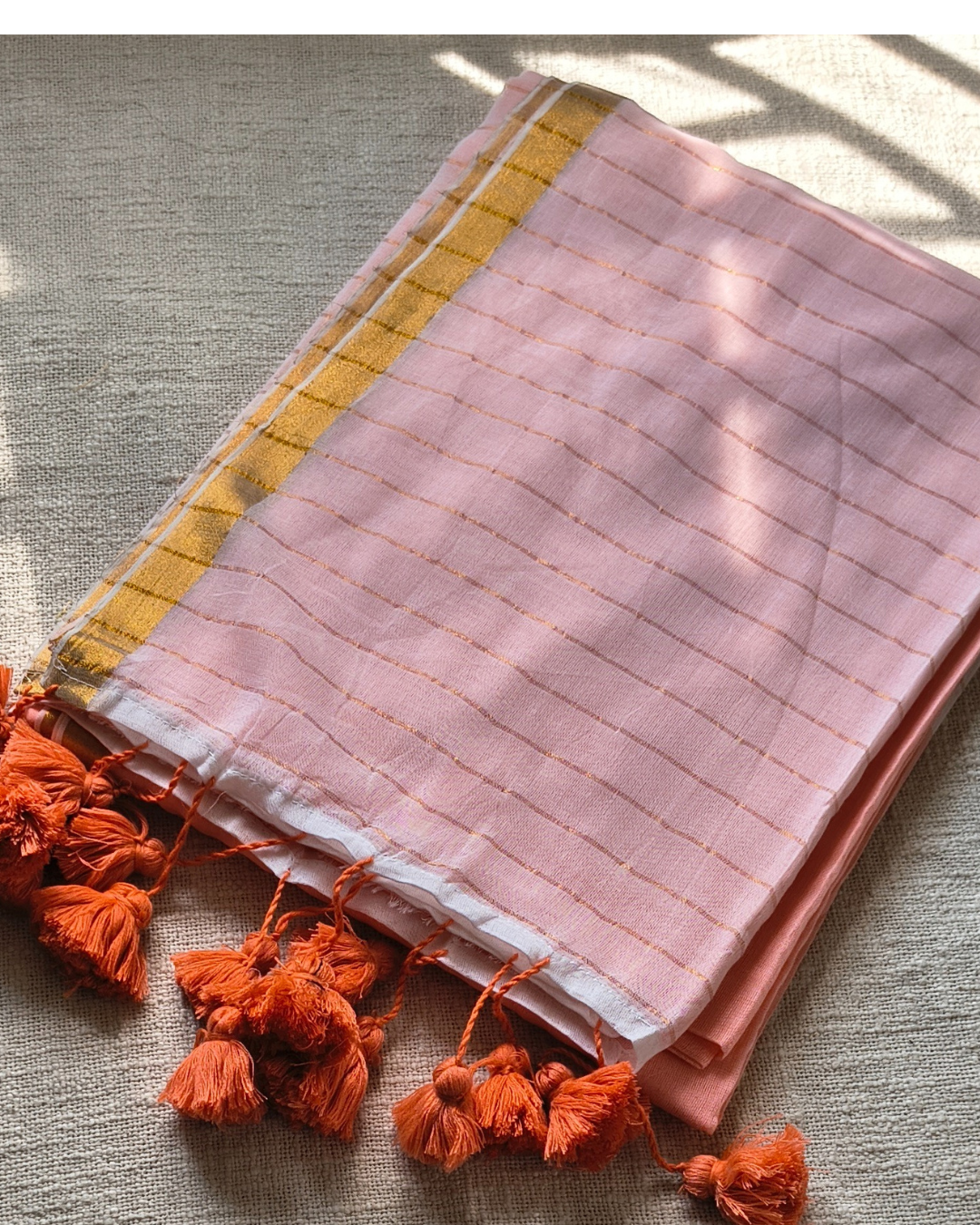 Mul Cotton Handloom Saree with Zari border, Contrast Pallu with zari woven stripes - Peach MammaHug