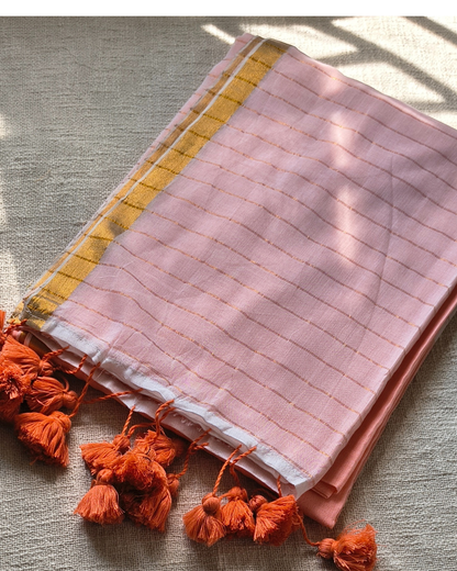 Mul Cotton Handloom Saree with Zari border, Contrast Pallu with zari woven stripes - Peach MammaHug