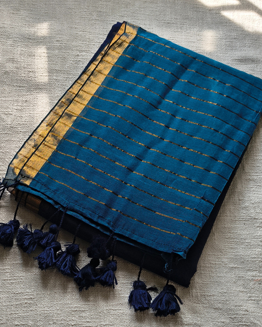 Mul Cotton Handloom Saree with Zari border, Contrast Pallu with zari woven stripes - Navy Blue & Blue MammaHug