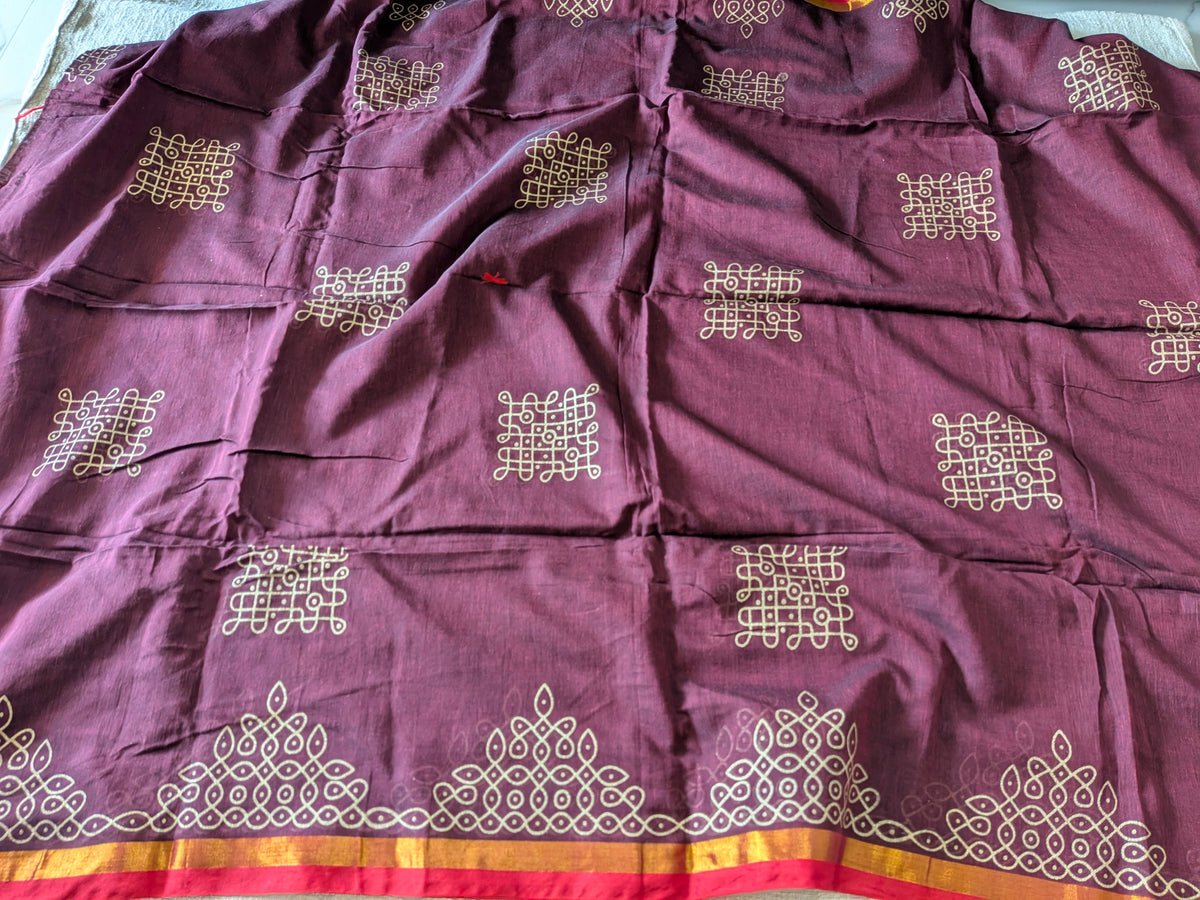 Traditional Kolam print on Mul cotton with tassels - Maroon MammaHug