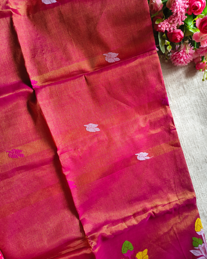 Handloom Tissue Linen with Jamdhani Weaving Buttas - Rani Pink