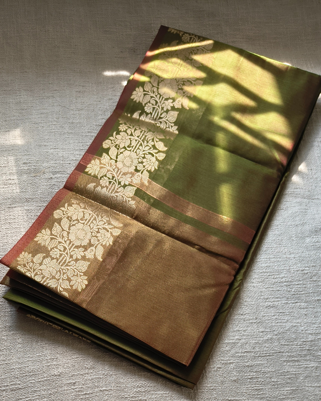 Maheshwari Silk Cotton Saree with Golden Floral Border – Olive Moss Green MammaHug