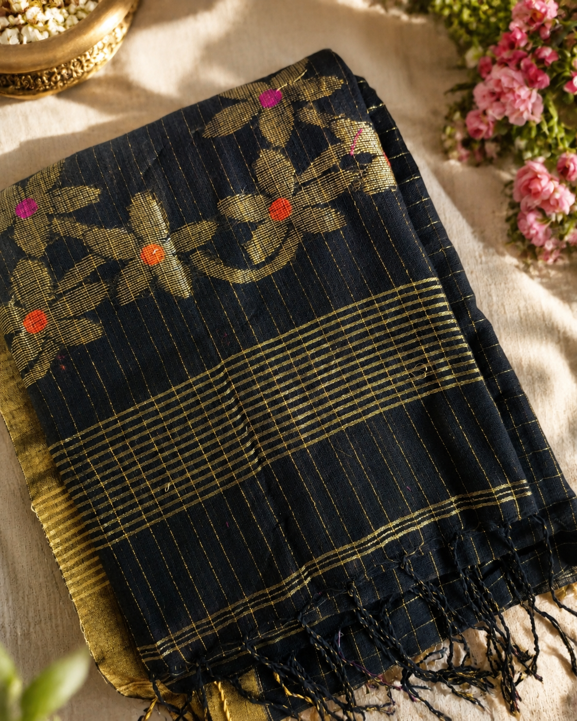 Linen By Linen Handloom Saree Floral Jamdhani Weaving - Black MammaHug