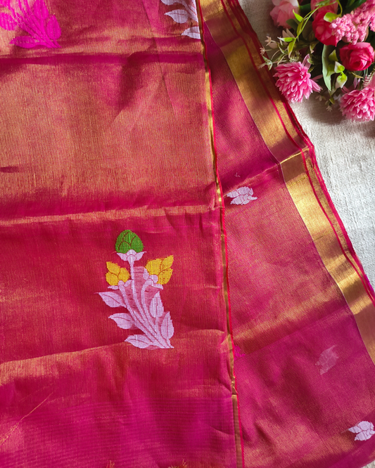 Handloom Tissue Linen with Jamdhani Weaving Buttas - Rani Pink