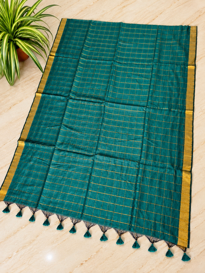 Traditional Big Checks Mul cotton with tassels - Teal Green MammaHug