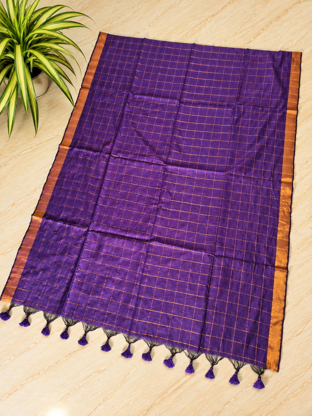 Traditional Big Checks Mul cotton with tassels - Purple MammaHug