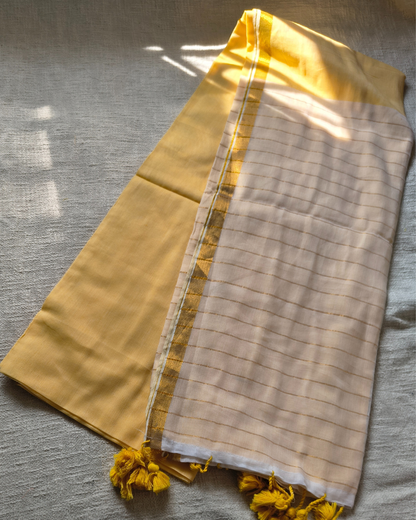 Mul Cotton Handloom Saree with Zari border, Contrast Pallu with zari woven stripes - Yellow MammaHug
