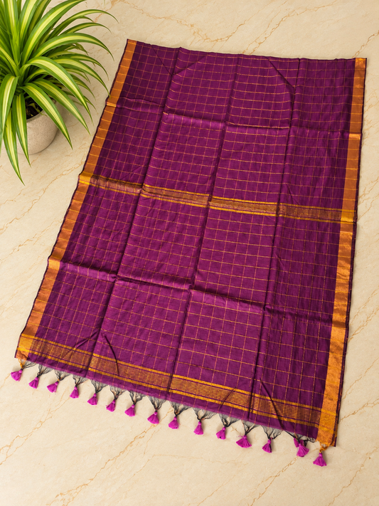 Traditional Big Checks Mul cotton with tassels - Purple MammaHug