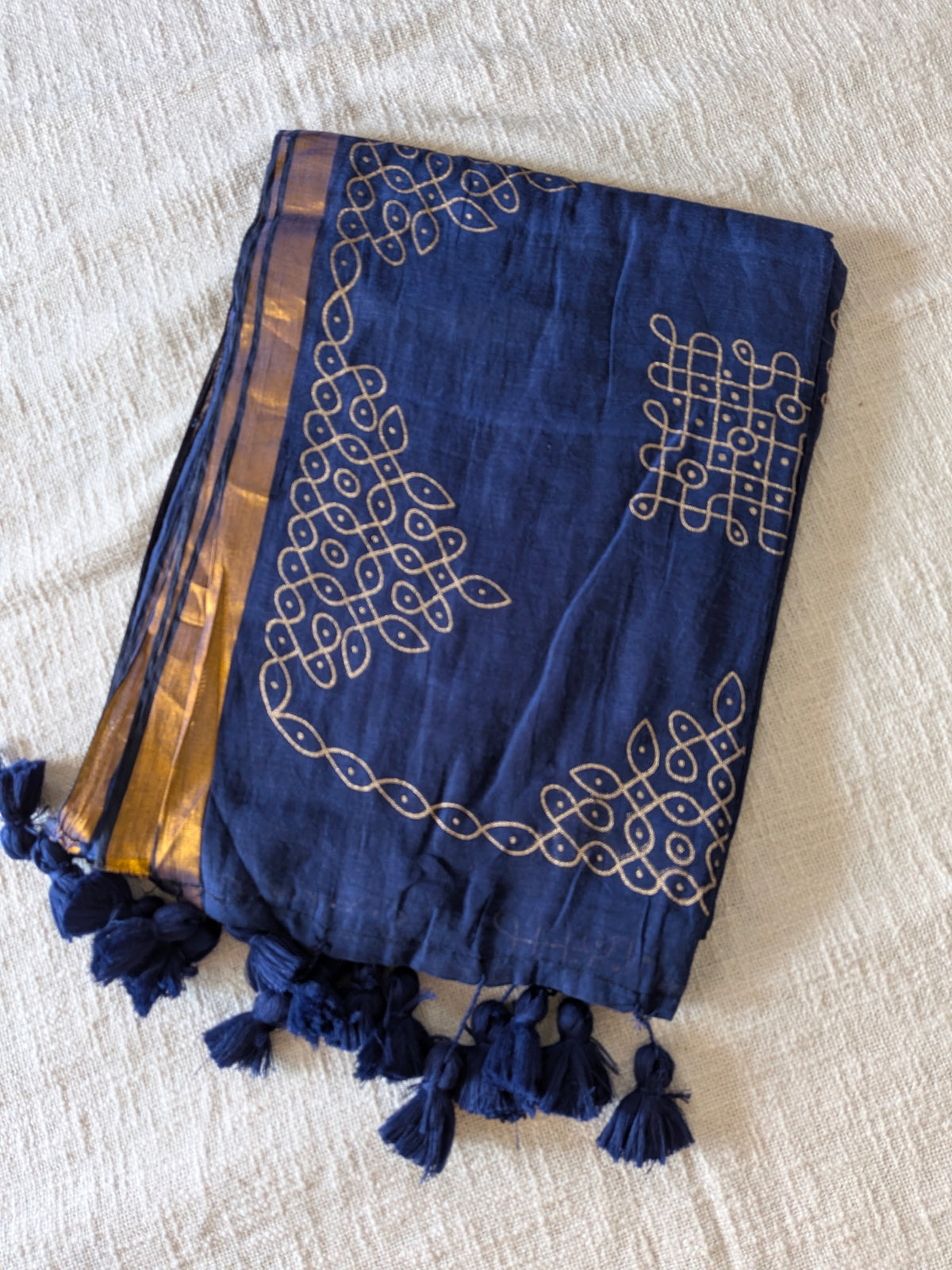 Traditional Kolam print on Mul cotton with tassels - Navy Blue MammaHug