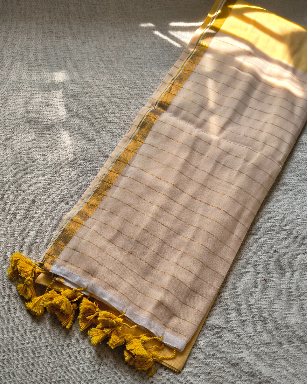 Mul Cotton Handloom Saree with Zari border, Contrast Pallu with zari woven stripes - Yellow MammaHug