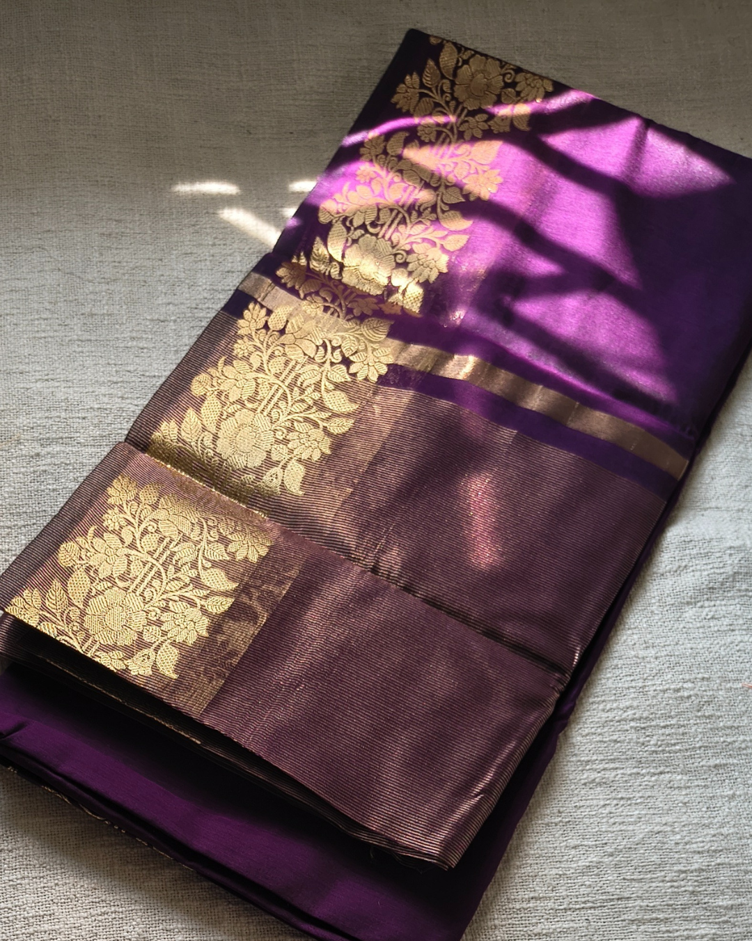Maheshwari Silk Cotton Saree with Golden Floral Border – Wine Purple MammaHug