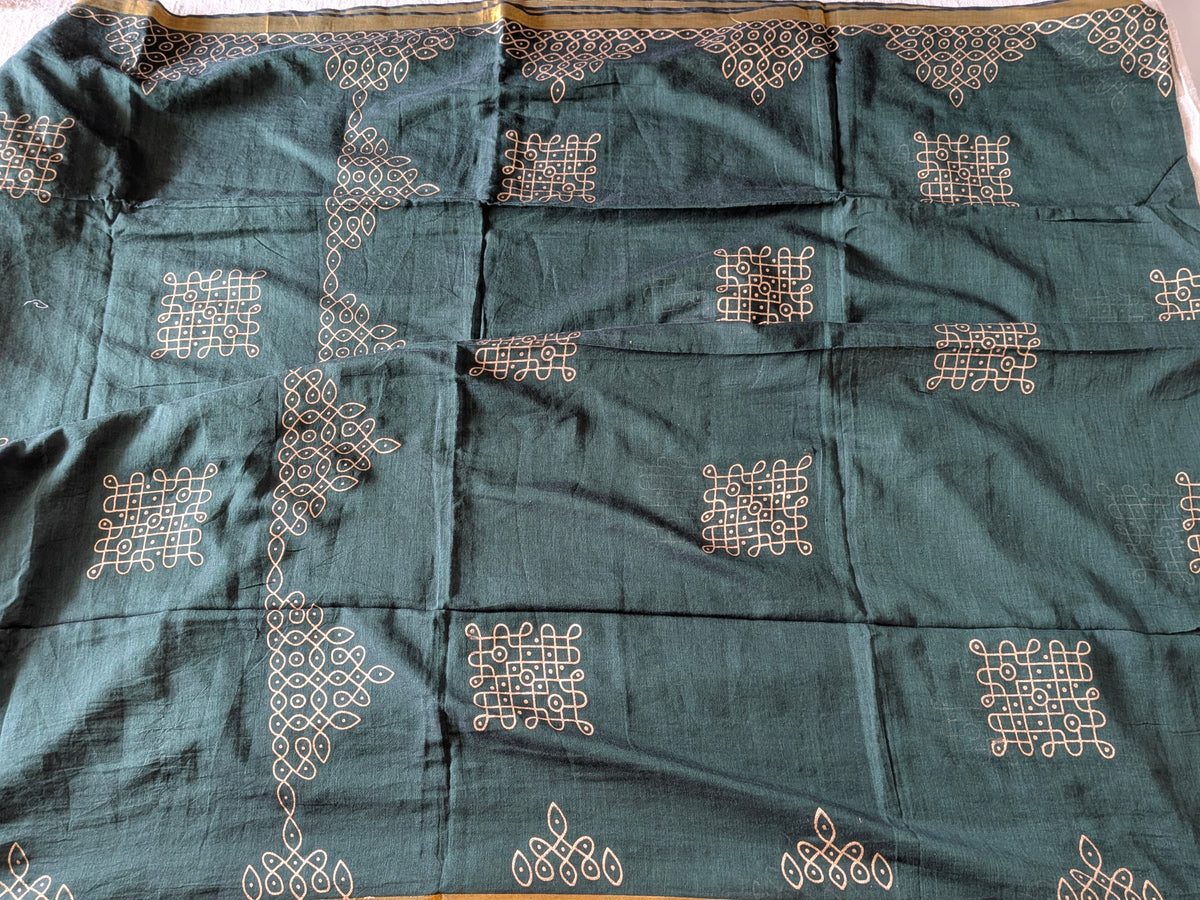 Traditional Kolam print on Mul cotton with tassels - Forest Green MammaHug
