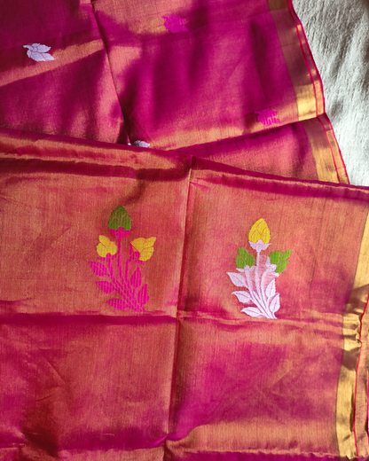Handloom Tissue Linen with Jamdhani Weaving Buttas - Rani Pink