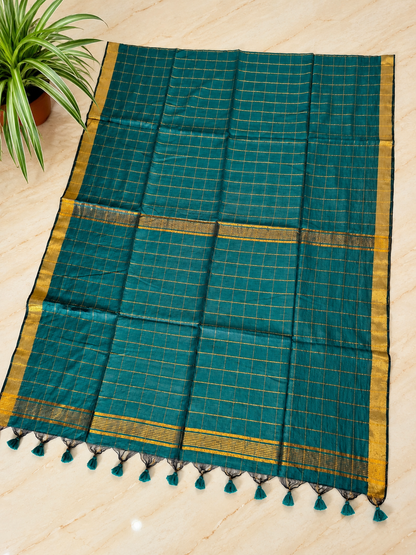 Traditional Big Checks Mul cotton with tassels - Teal Green MammaHug