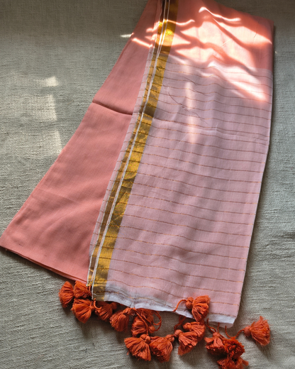 Mul Cotton Handloom Saree with Zari border, Contrast Pallu with zari woven stripes - Peach MammaHug