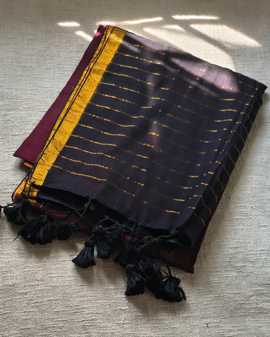 Mul Cottom Handloom Saree with Zari border, Contrast Pallu with zari woven stripes - Black and Maroon