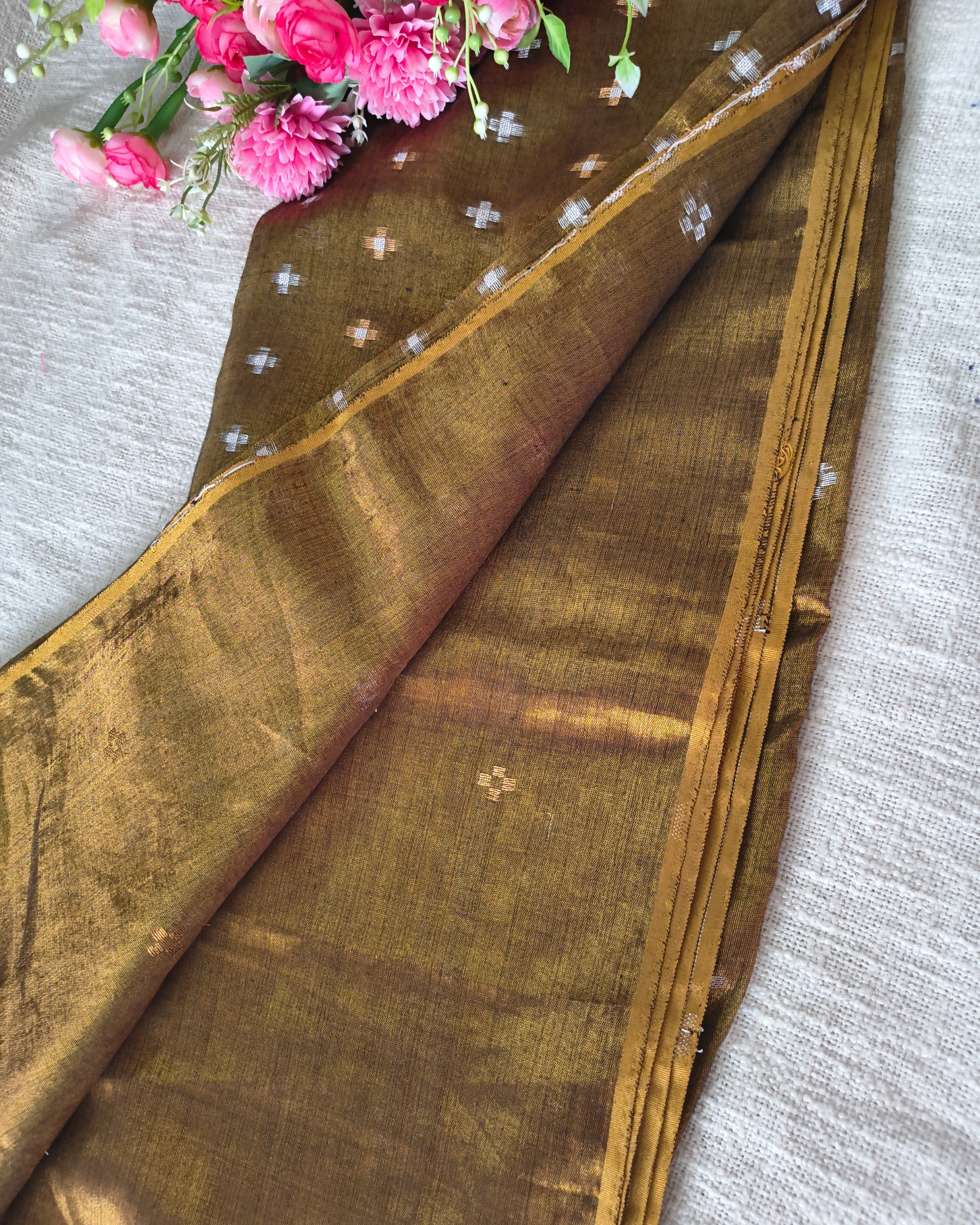 Soft Linen Tissue Saree with Golden Silver Zari weaving Plus design- Golden Brown MammaHug