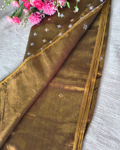 Soft Linen Tissue Saree with Golden Silver Zari weaving Plus design- Golden Brown MammaHug