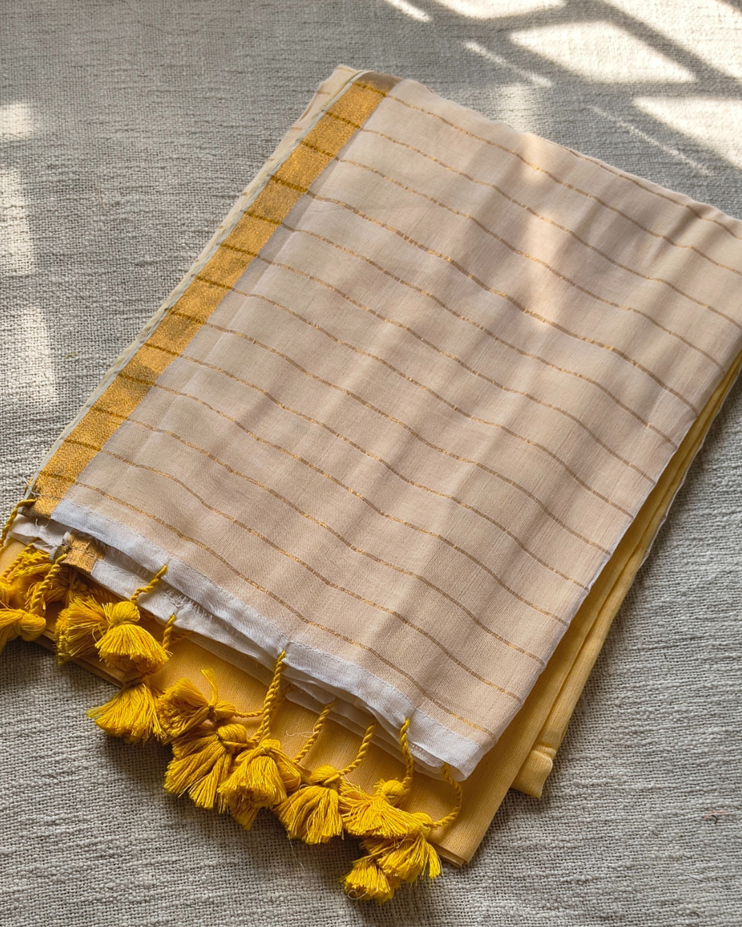 Mul Cotton Handloom Saree with Zari border, Contrast Pallu with zari woven stripes - Yellow MammaHug