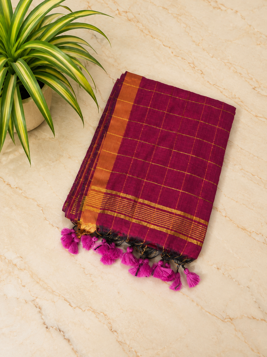 Traditional Big Checks Mul cotton with tassels - Magenta MammaHug