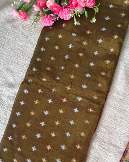 Soft Linen Tissue Saree with Golden Silver Zari weaving Plus design- Golden Brown MammaHug
