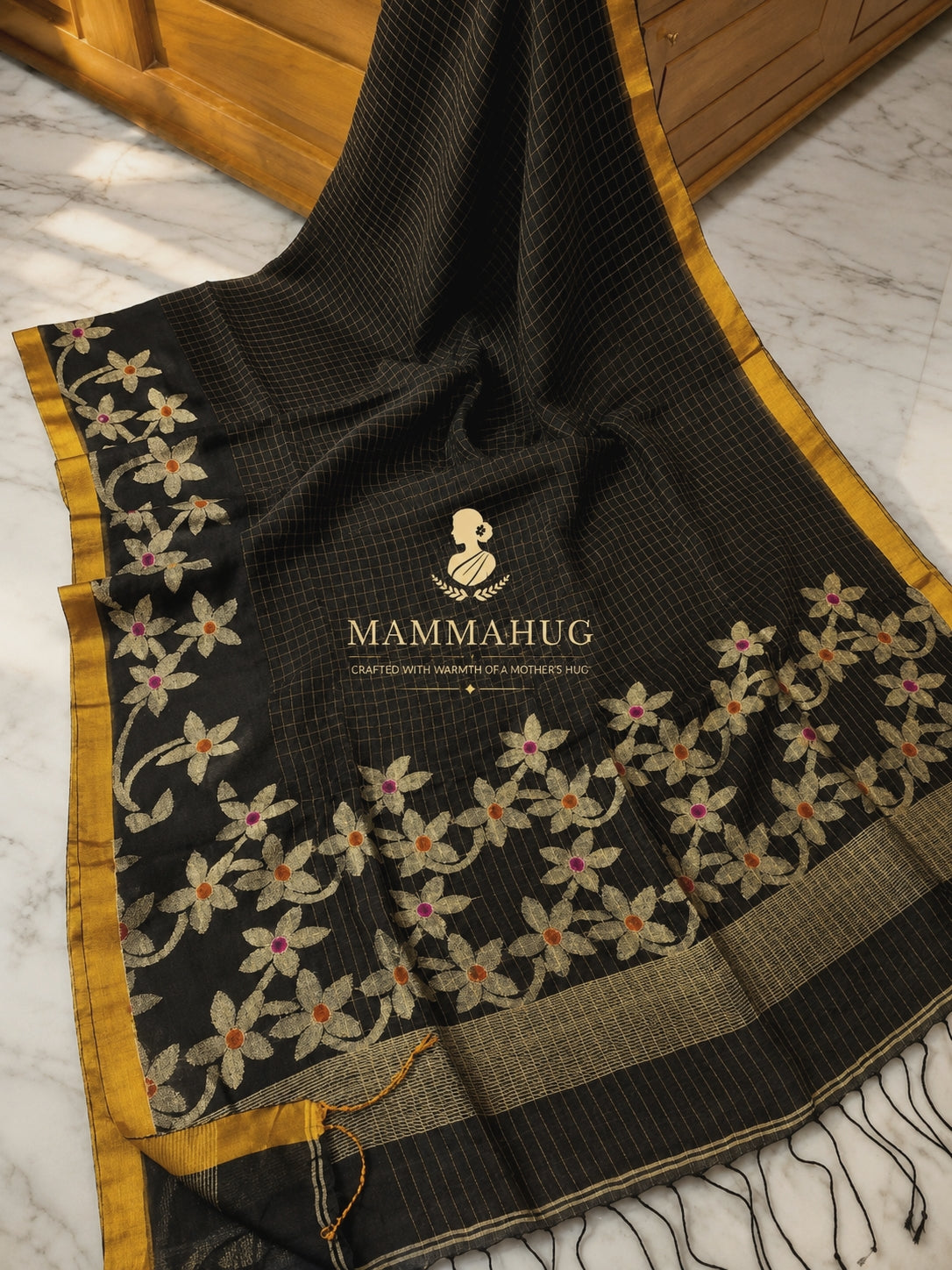 Linen By Linen Handloom Saree Floral Jamdhani Weaving - Black MammaHug