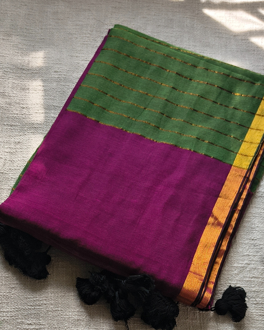Mul Cotton Handloom Saree with Zari border, Contrast Pallu with zari woven stripes - Magenta MammaHug