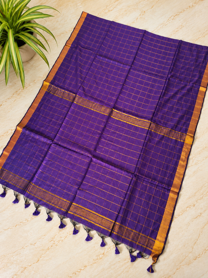 Traditional Big Checks Mul cotton with tassels - Purple MammaHug