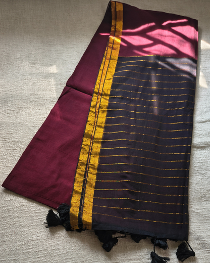 Mul Cotton Handloom Saree with Zari border, Contrast Pallu with zari woven stripes - Black and Maroon MammaHug