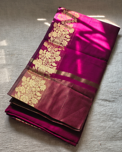 Maheshwari Silk Cotton Saree with Golden Floral Border – Rani pink MammaHug