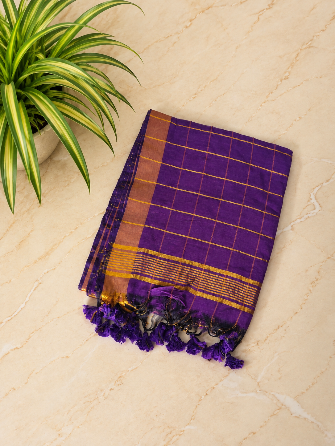 Traditional Big Checks Mul cotton with tassels - Purple MammaHug