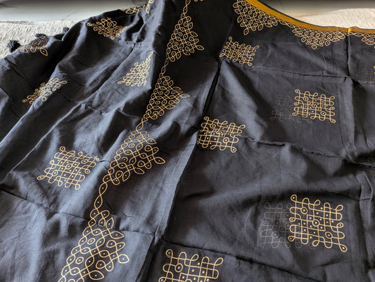 Traditional Kolam print on Mul cotton with tassels - Black MammaHug
