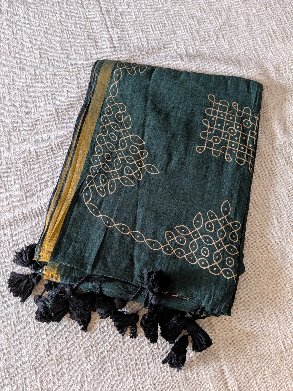 Traditional Kolam print on Mul cotton with tassels - Forest Green MammaHug