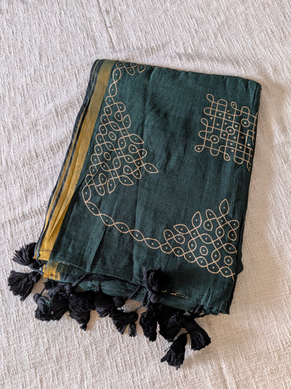 Traditional Kolam print on Mul cotton with tassels - Forest Green MammaHug