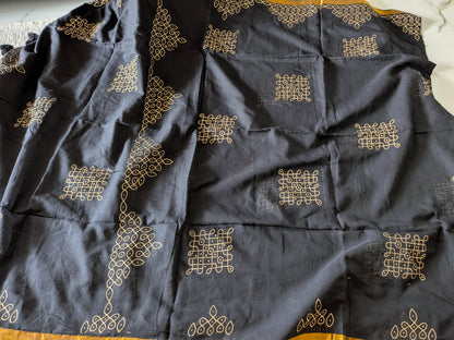 Traditional Kolam print on Mul cotton with tassels - Black MammaHug