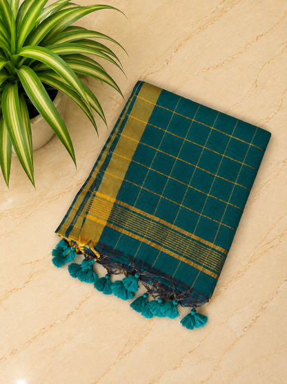 Traditional Big Checks Mul cotton with tassels - Teal Green MammaHug